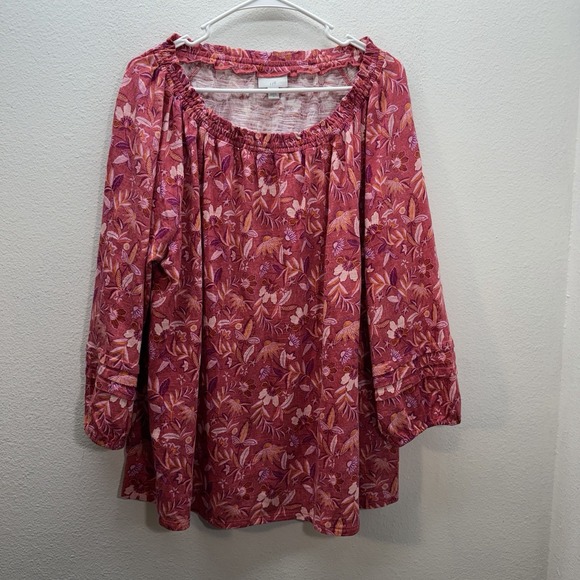 J. Jill Tops - J.Jill XL Floral Top Scoop Neck Red Cotton Modal Pullover Pleated Long Sleeves
